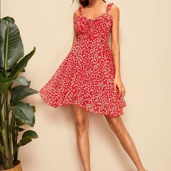 ✨HP✨Ditsy Floral Tie Neck Ruffle Trim Cami Dress✨ - Picture 2 of 8